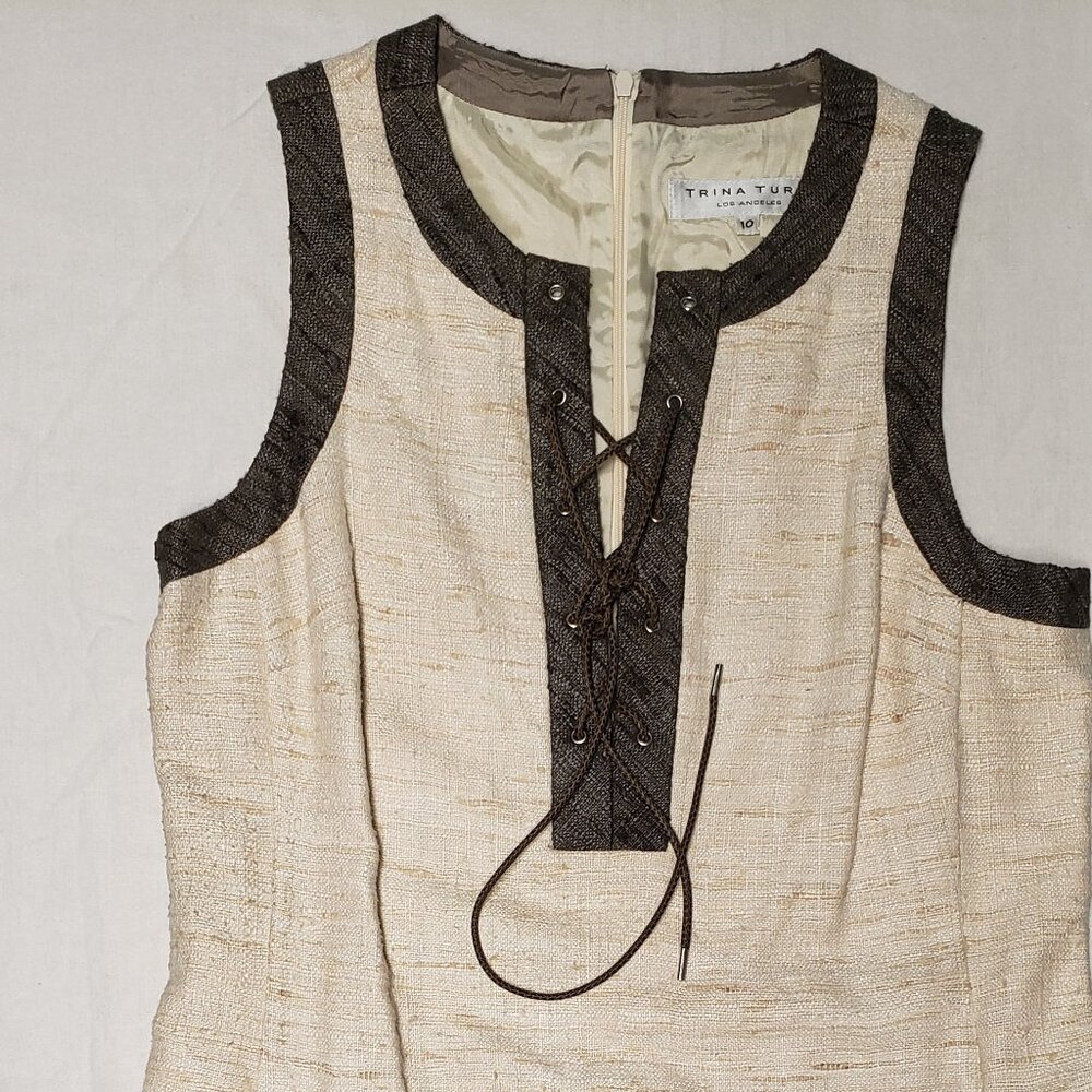 Trina Turk Sleeveless Dress Off White With Grey Trim And Front Ties Size 10